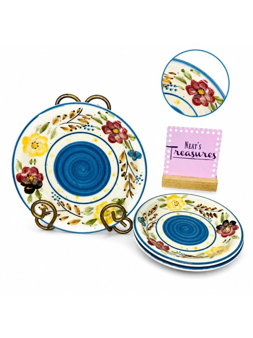 Royal Norfolk FLORAL BLUE CENTER SPECKLED Stoneware Round Salad Plates Set 3